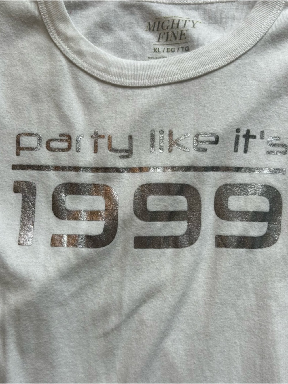 Mighty Fine White Tee with Metallic Silver '1999' Graphic Tee